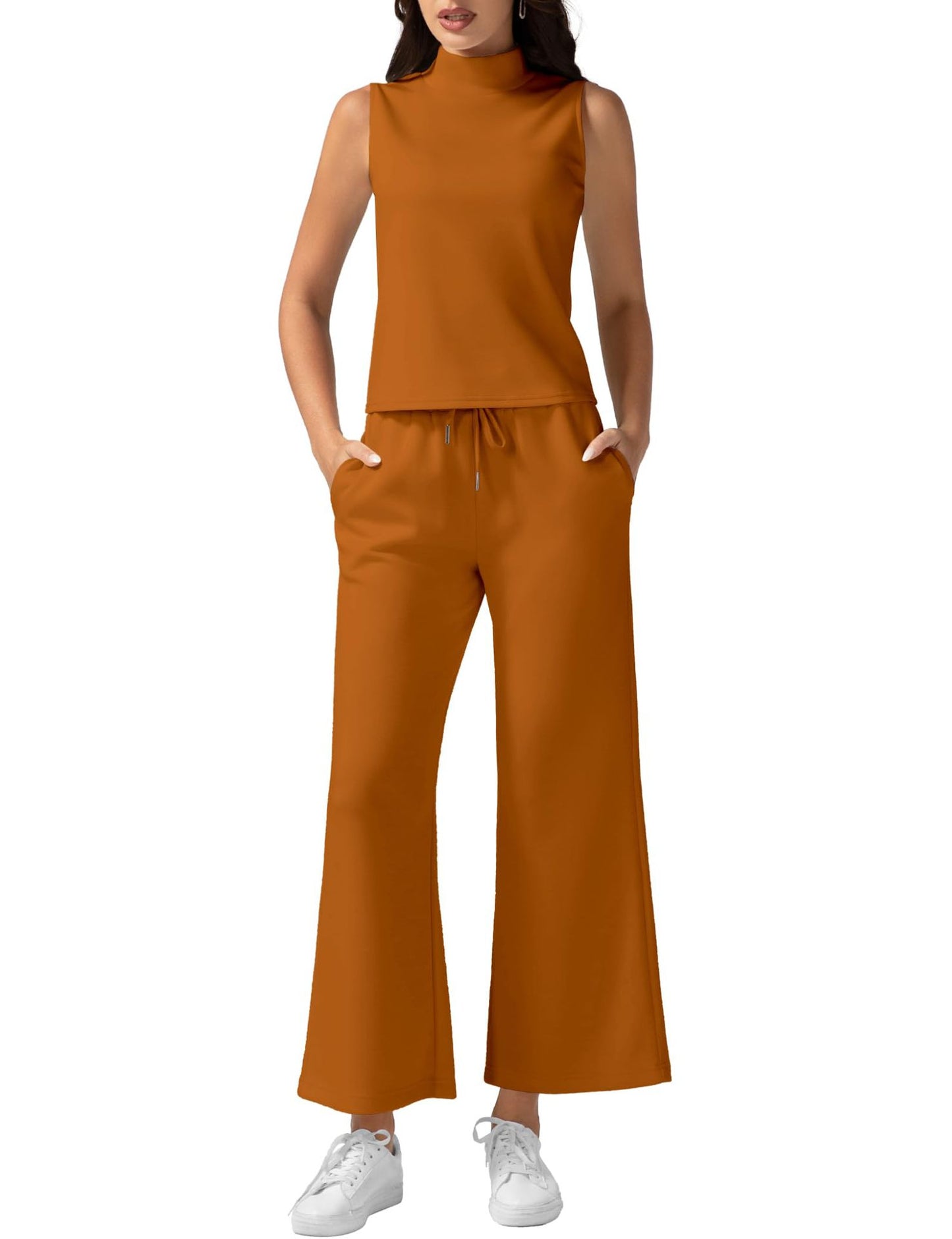 Women's Vest Pants Set - Wide Leg Cropped Pants & Sleeveless Vest Top