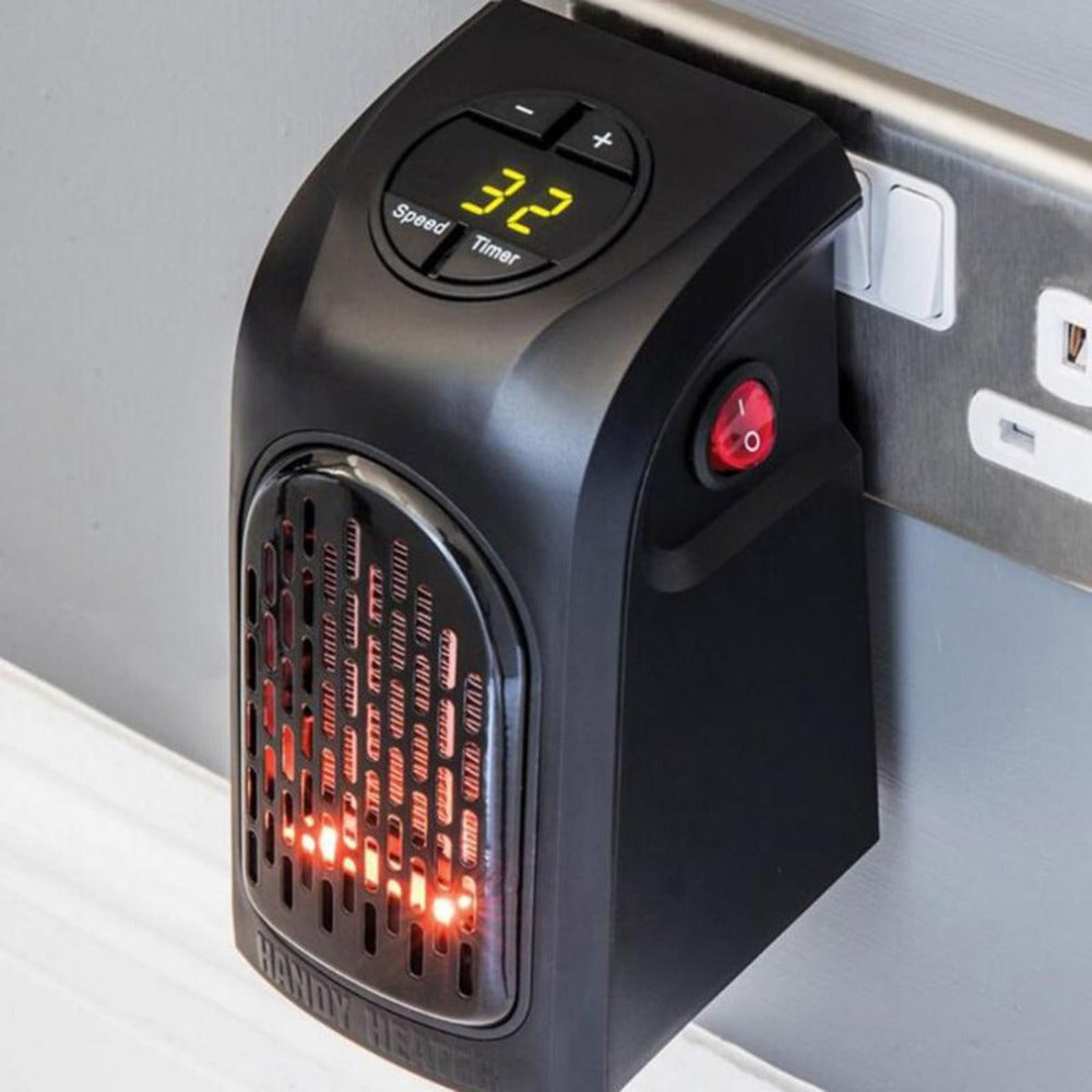 Black Randy Heater plug-in space heater with digital display showing 32 and red power switch