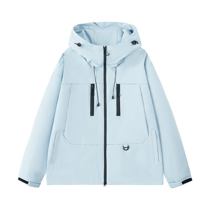Light blue hooded windbreaker jacket with black zipper and drawstrings on white background