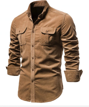 Brown men's long sleeve casual button-up shirt with front pockets and rolled cuffs