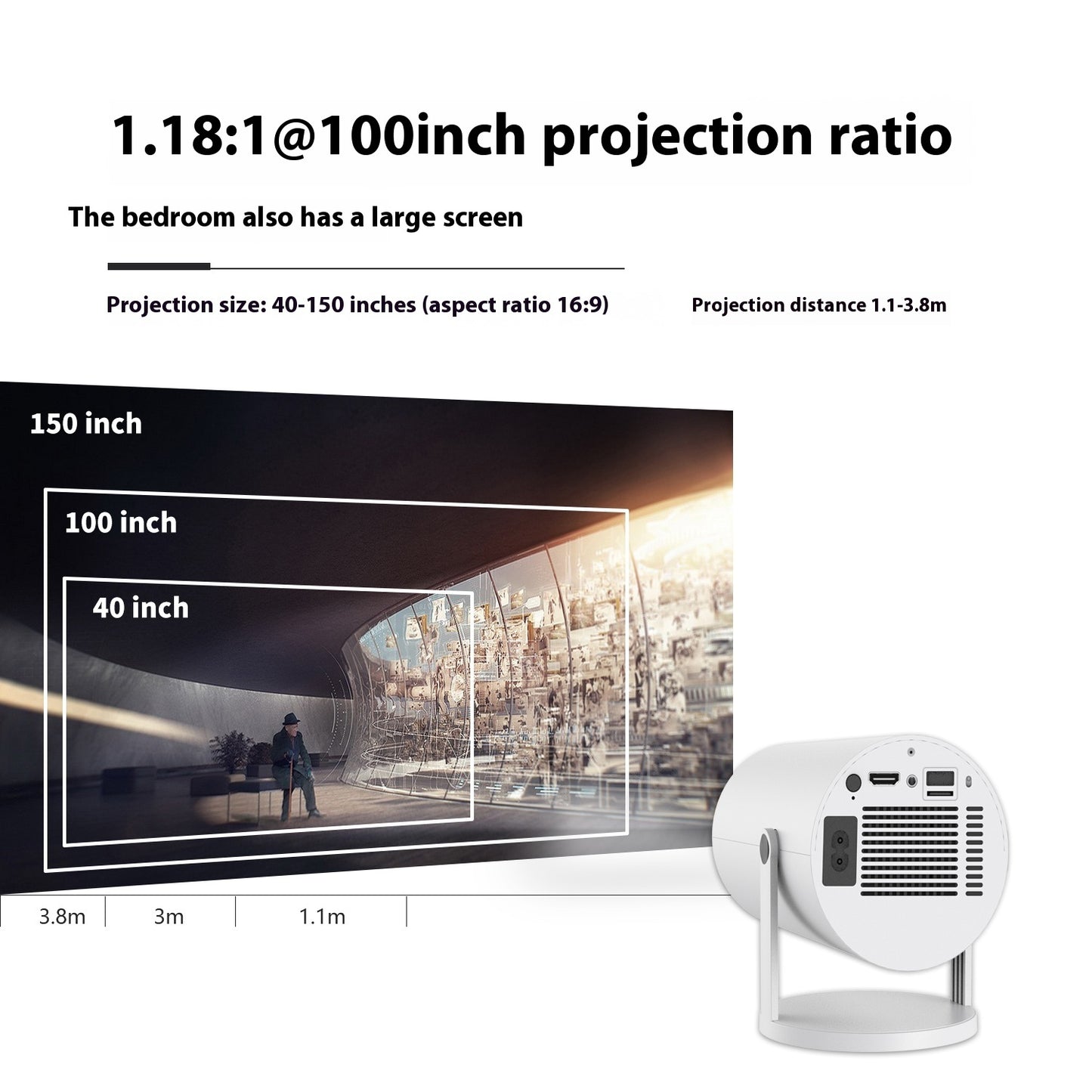 White projector showing 40 to 150 inch projection sizes with 1.18:1 ratio in a modern room