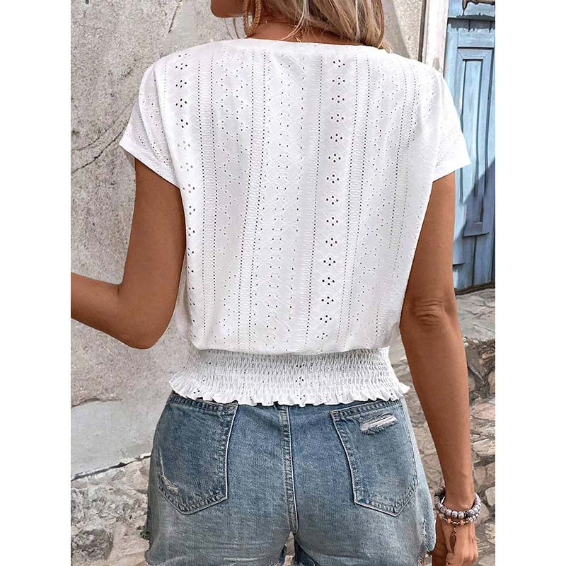 Women Summer Eyelet Top - Casual V Neck Blouse With Smocked Elastic Hem