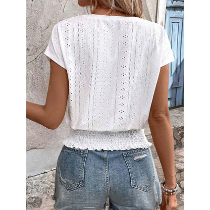 Women Summer Eyelet Top - Casual V Neck Blouse With Smocked Elastic Hem