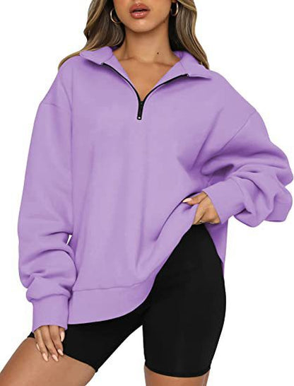 Women Zip Sweatshirt - Loose Pullover With Turndown Collar | Casual Tops