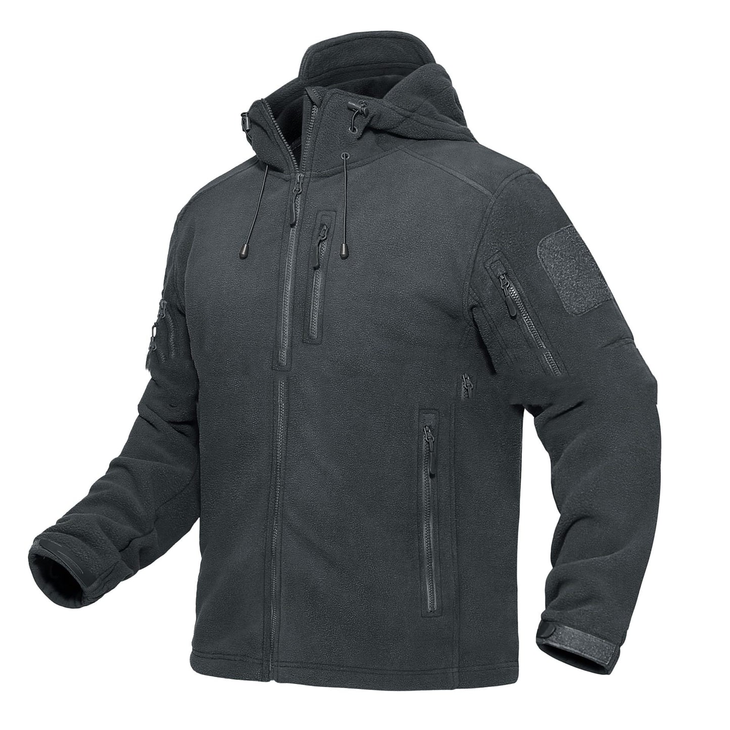 Black tactical fleece jacket with multiple zippered pockets and adjustable hood