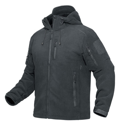Black tactical fleece jacket with multiple zippered pockets and adjustable hood