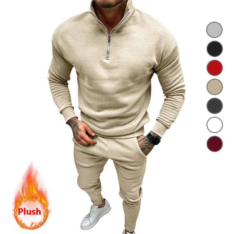 Men's Fleece Suit - Casual Solid Color Top & Trousers Set | Cotton Blend Winter Wear