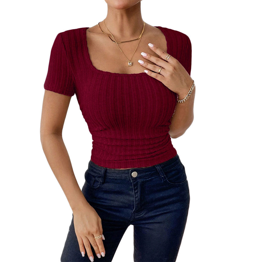 Mature Elegant T-Shirt - Burgundy Short Sleeve Slim Fit Pullover Top