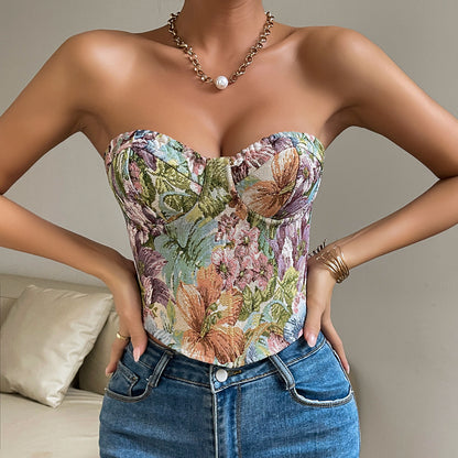 Floral Tube Vest | Y2K Fashion Crop Corset Tank With Back-Tied Design