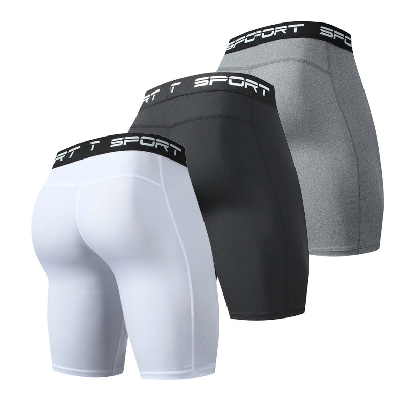Set of three men's compression sport shorts in white, black, and gray with 'SPORT' waistband