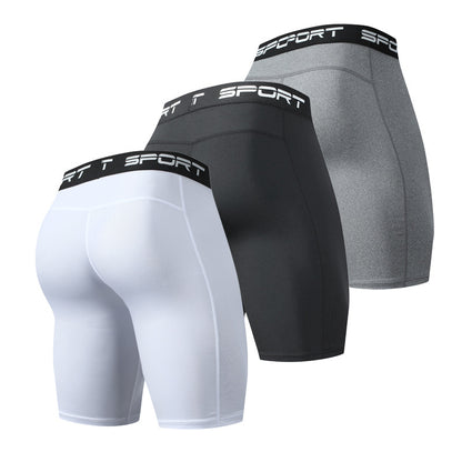 Set of three men's compression sport shorts in white, black, and gray with 'SPORT' waistband