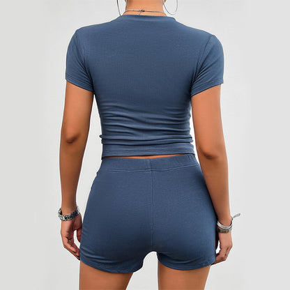 Slim Sports Suit - Women's Summer Sportswear Set With Elastic Shorts & Round Neck T-Shirt