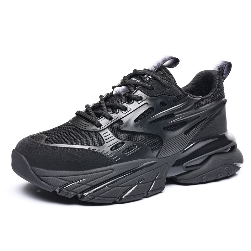 Black chunky athletic sneaker with mesh upper and thick cushioned sole for sports and casual wear