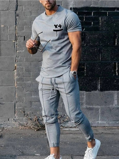 Men's Tracksuit Set – Short Sleeve T-Shirt & Track Pants | Grey Polyester Blend
