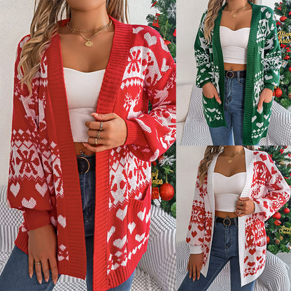 Christmas Cardigan Sweater - Women's Lantern Sleeve Knitwear With Festive Deer Print