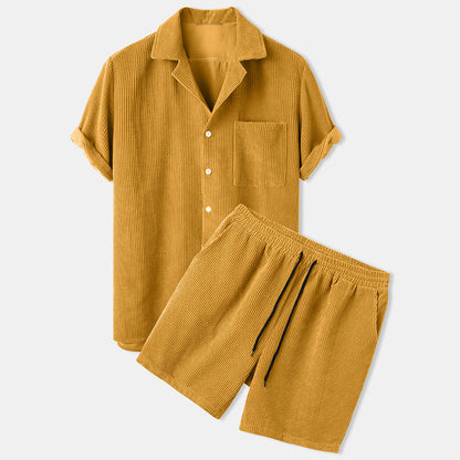 Corduroy Short Sleeve Suit - Two Piece Summer Casual Suit Set For Men