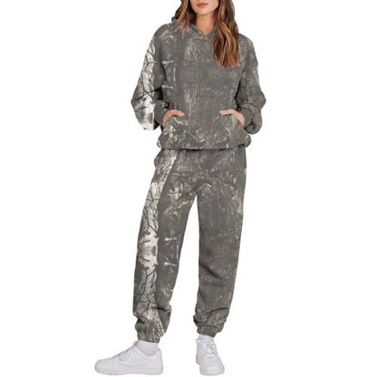 Camouflage Sports Set - Women's Loose Fit Tracksuit With Hooded Sweatshirt & Pants