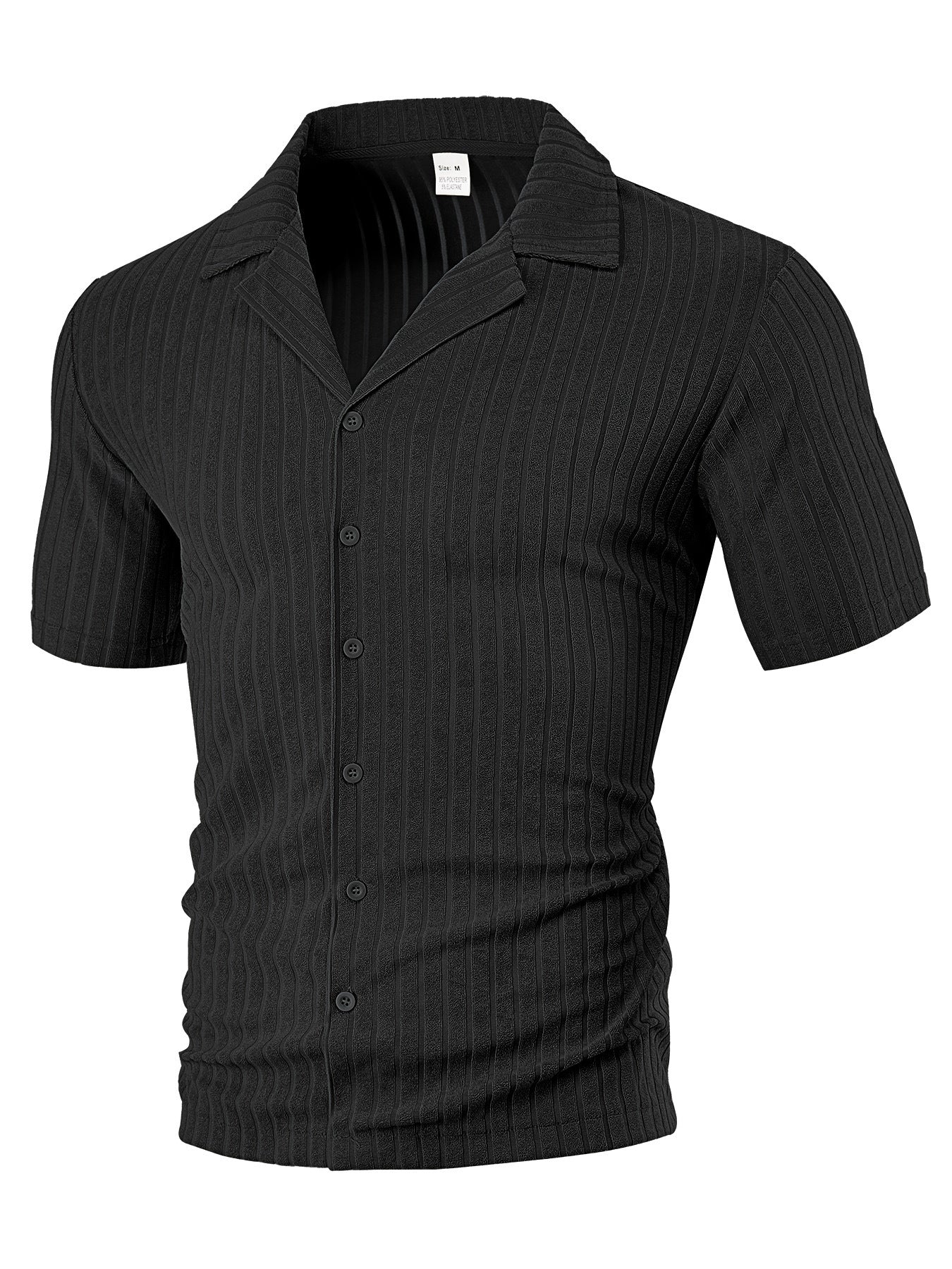 black short sleeve ribbed knit button-up shirt with collar, size medium