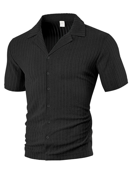 black short sleeve ribbed knit button-up shirt with collar, size medium
