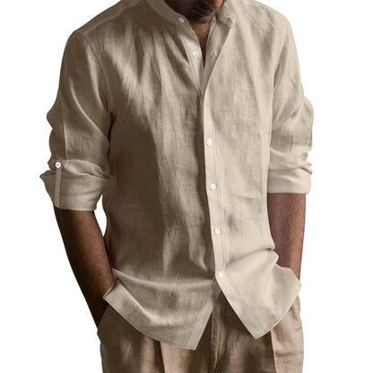 Man wearing beige linen shirt with mandarin collar and rolled-up sleeves, casual style