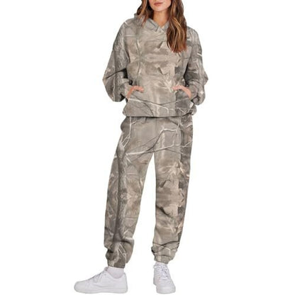 Camouflage Sports Set - Women's Loose Fit Tracksuit With Hooded Sweatshirt & Pants