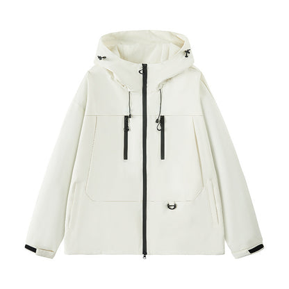 White hooded jacket with black zipper and drawstrings, front pockets, and adjustable cuffs
