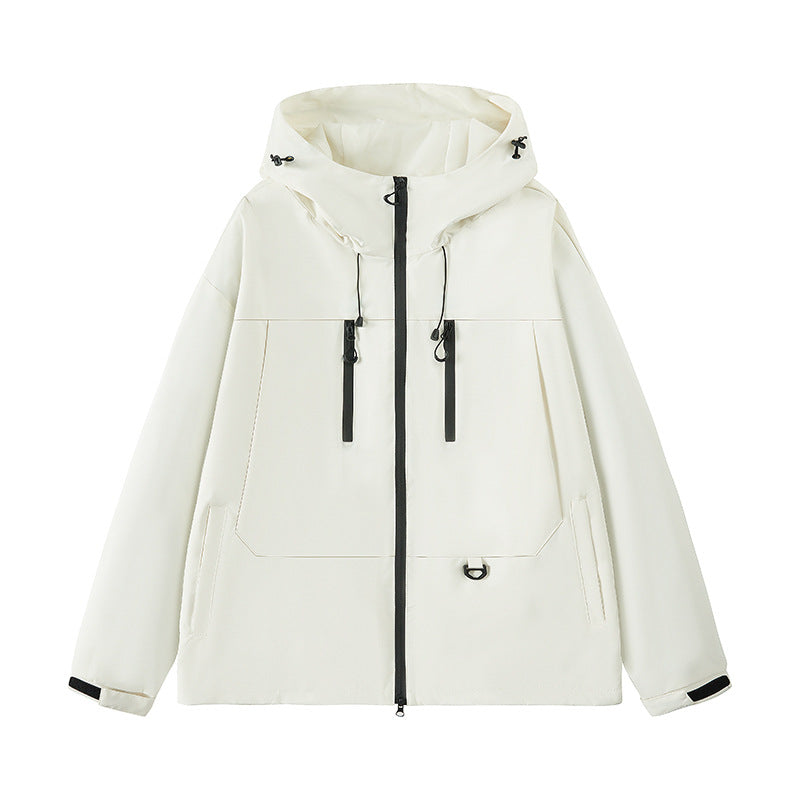 White hooded jacket with black zipper and adjustable drawstrings, front pockets, and wrist straps