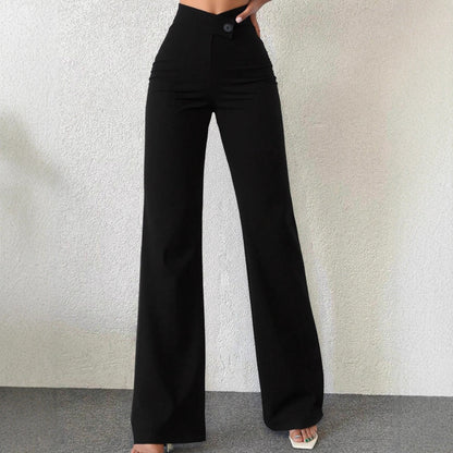 High Waist Straight Pants - Women's Casual Black Polyester Trousers