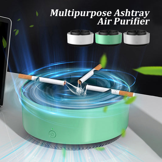 Green multipurpose ashtray air purifier on desk with lit cigarettes and swirling air effect