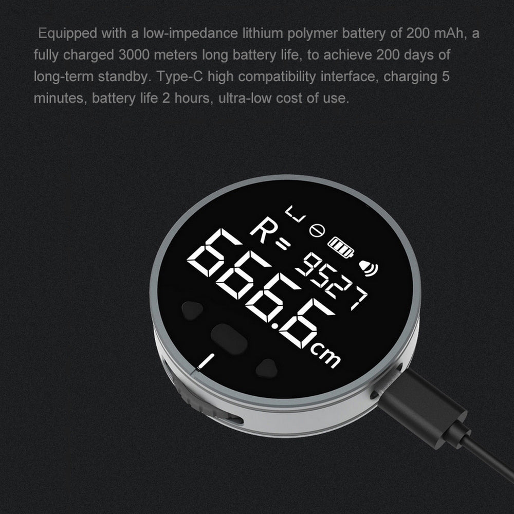 Round digital laser distance meter displaying 666.6 cm with Type-C charging cable attached