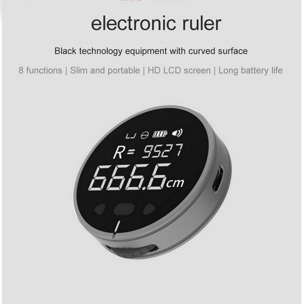 Compact black electronic ruler with HD LCD screen displaying measurement 666.6 cm and curved surface