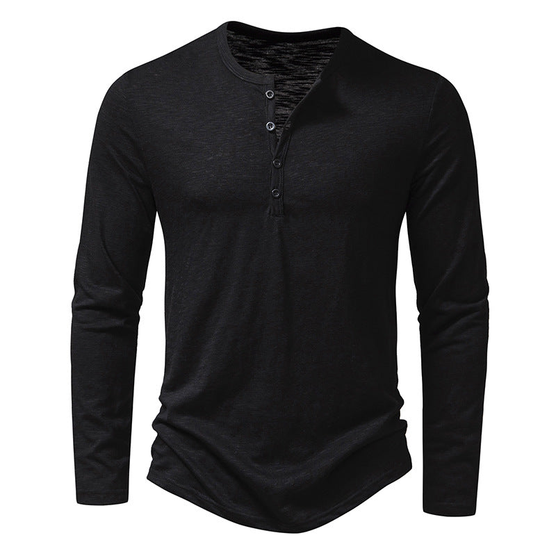 Black long sleeve henley shirt with three-button placket, casual men's top