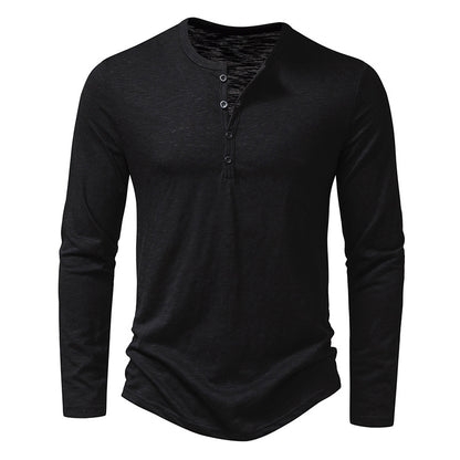 Black long sleeve henley shirt with three-button placket, casual men's top