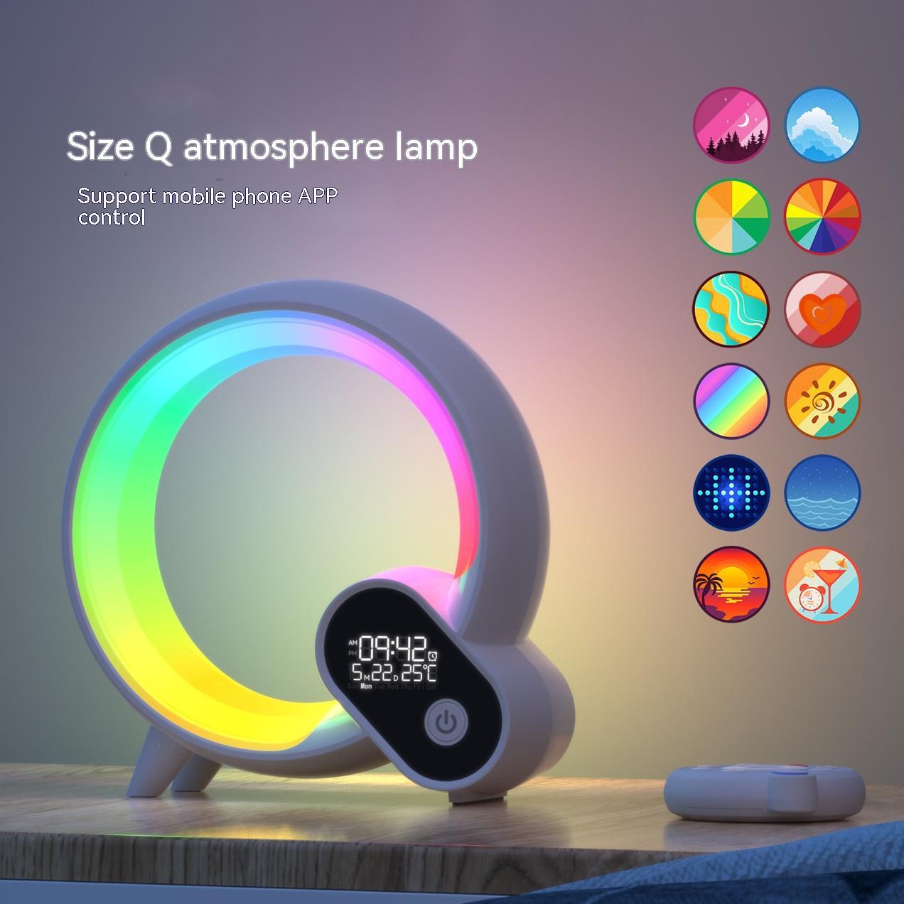 Size Q atmosphere lamp with color-changing LED ring, digital clock, and remote control on wooden table