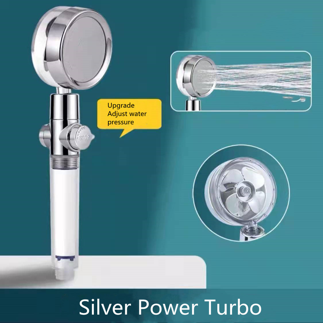 Silver turbo shower head with water pressure adjustment and water spray feature on teal background