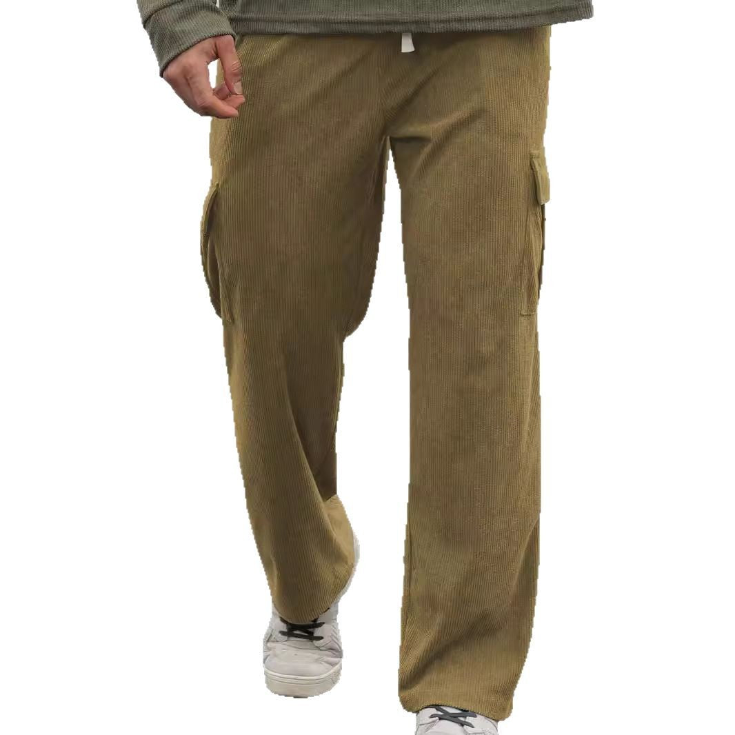 Men's loose fit brown corduroy cargo pants with pockets, casual streetwear style