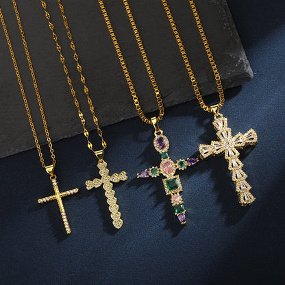 Zircon Cross Necklace | Copper Unisex Cross Pendant Necklace For Everyday Wear