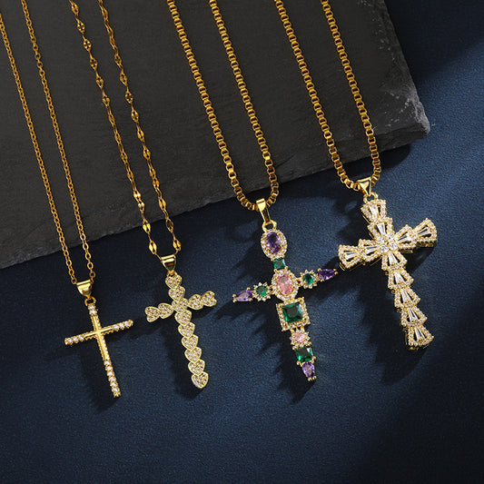 Zircon Cross Necklace | Copper Unisex Cross Pendant Necklace For Everyday Wear