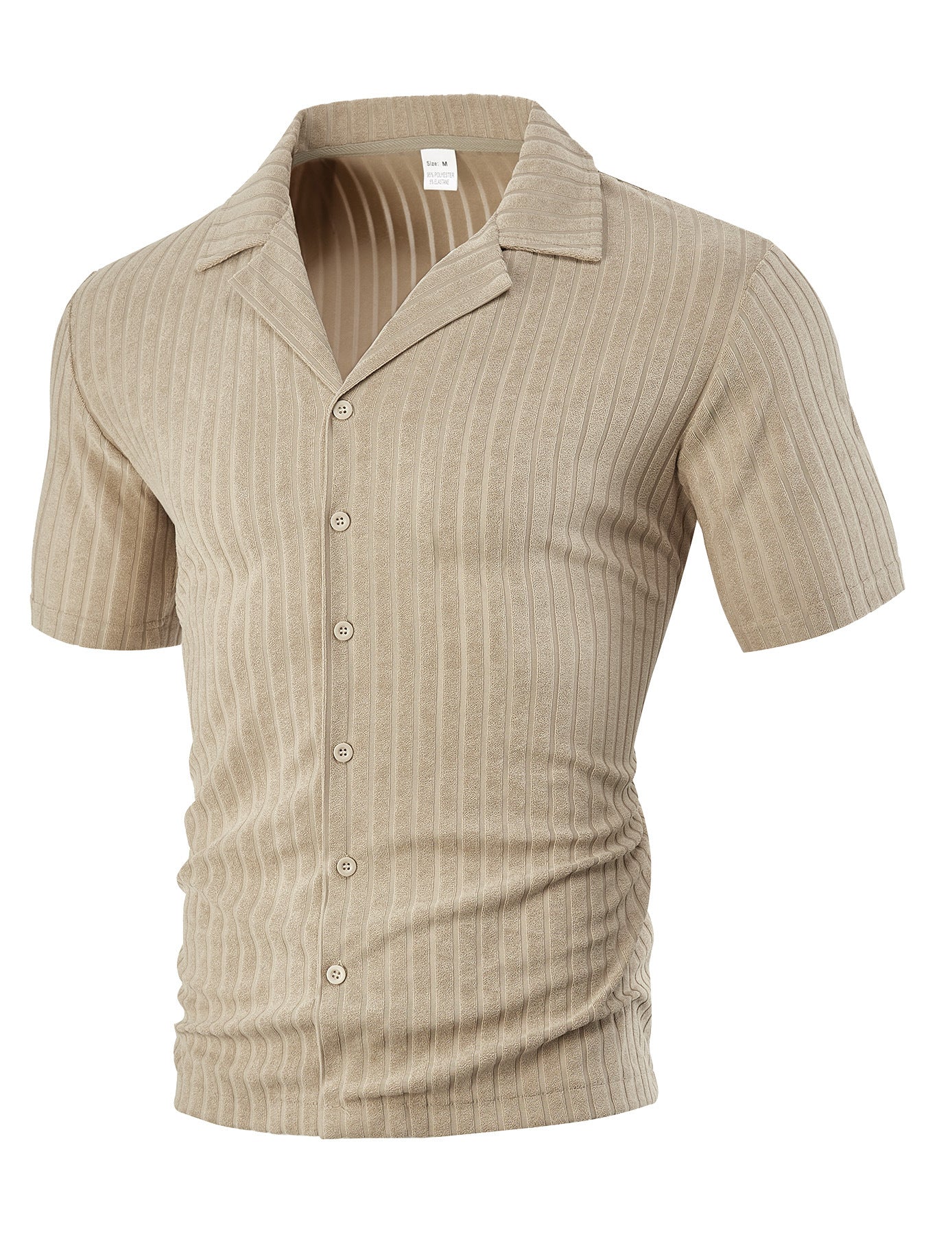 Beige short sleeve button-up ribbed knit shirt with a camp collar, size M tag visible