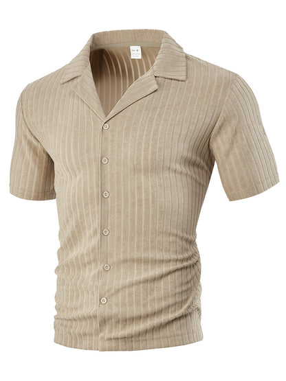Beige short sleeve button-up ribbed knit shirt with a camp collar, size M tag visible