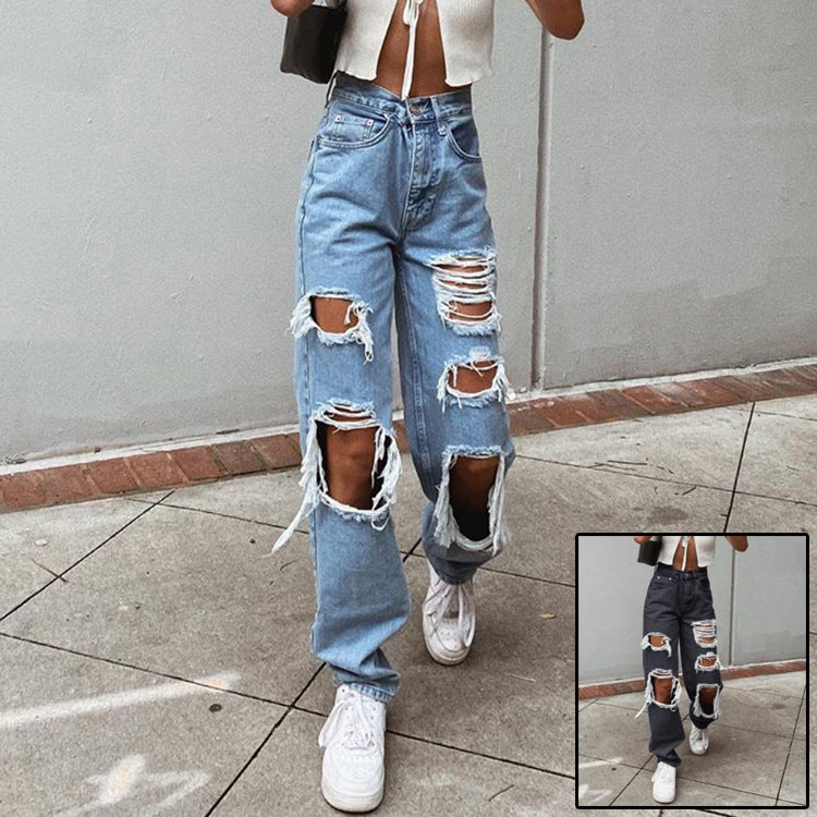 Retro Hole-Punched Jeans | High Waist Wide Leg Pants | Comfortable Casual Denim