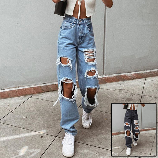 Retro Hole-Punched Jeans | High Waist Wide Leg Pants | Comfortable Casual Denim