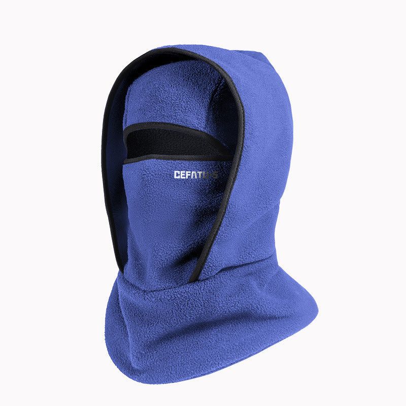 Blue fleece balaclava with black trim and eye opening for cold weather protection