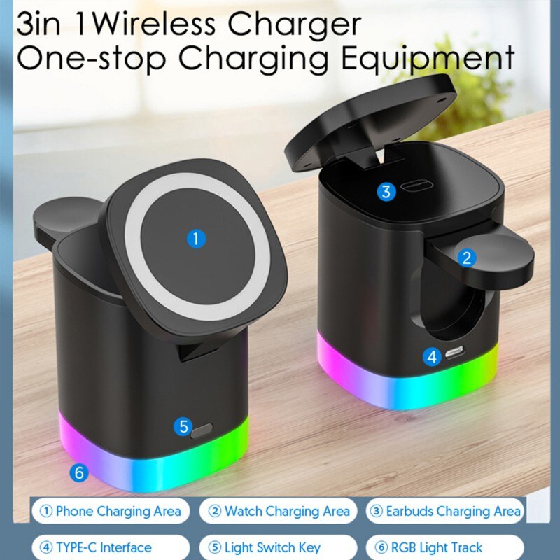 3in1 wireless charger with phone, watch, earbuds charging areas, Type-C port, light switch, RGB light base