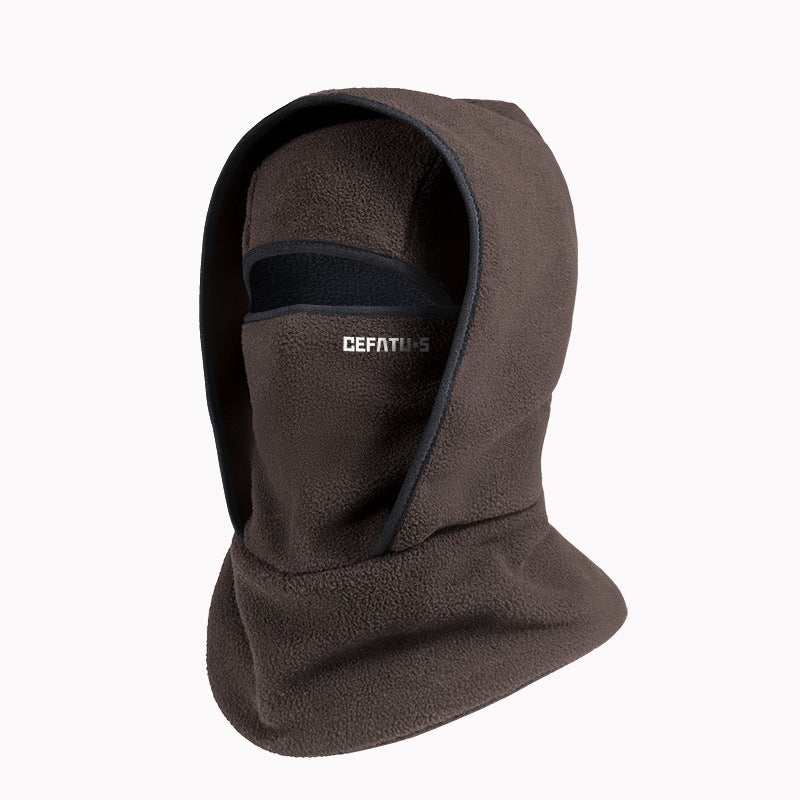 Brown fleece balaclava with hood and black trim, featuring CEFATUS logo on face covering