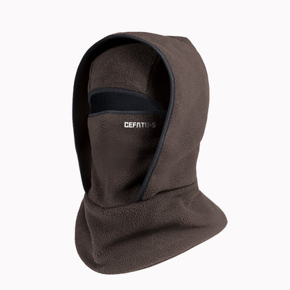 Brown fleece balaclava with hood and black trim, featuring CEFATUS logo on face covering