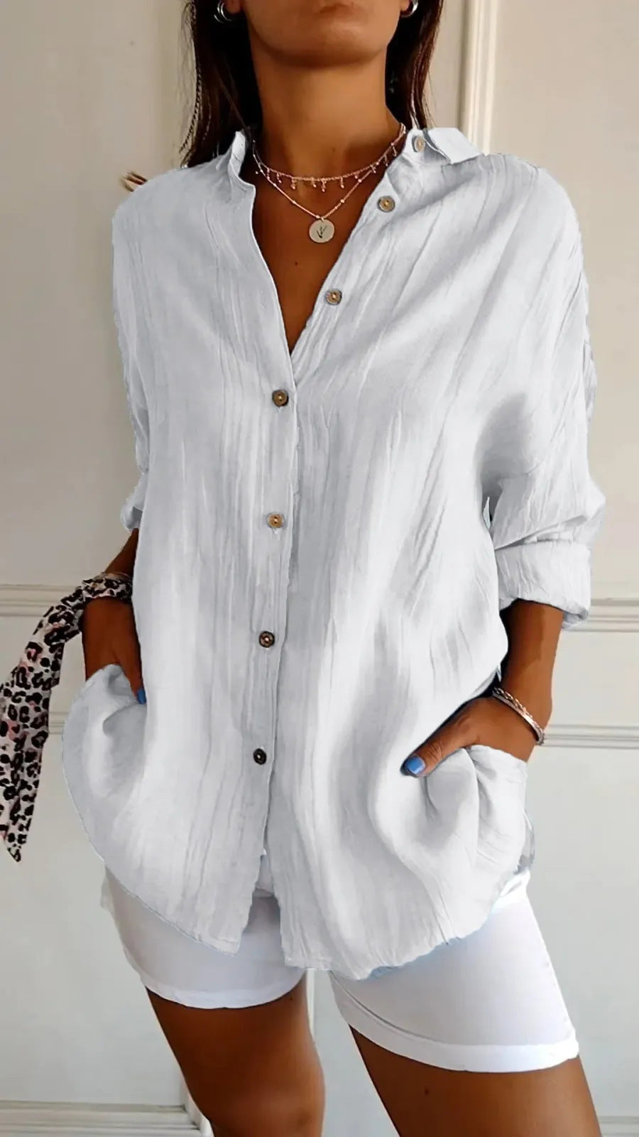Lapel Long Sleeve Shirt - Women's Single-Breasted Pleated Blouse, Loose Fit