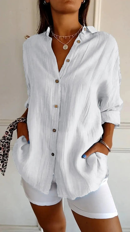 Lapel Long Sleeve Shirt - Women's Single-Breasted Pleated Blouse, Loose Fit