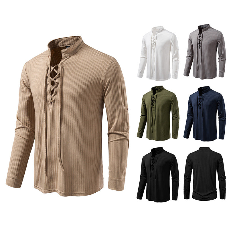 Men's Long Sleeve T-Shirt - Casual Drawstring Pullover Slim Fit Tee for Large Size