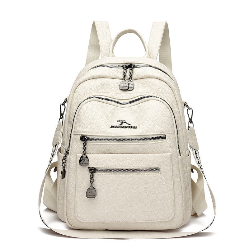White leather backpack with multiple zipped compartments and adjustable straps on white background